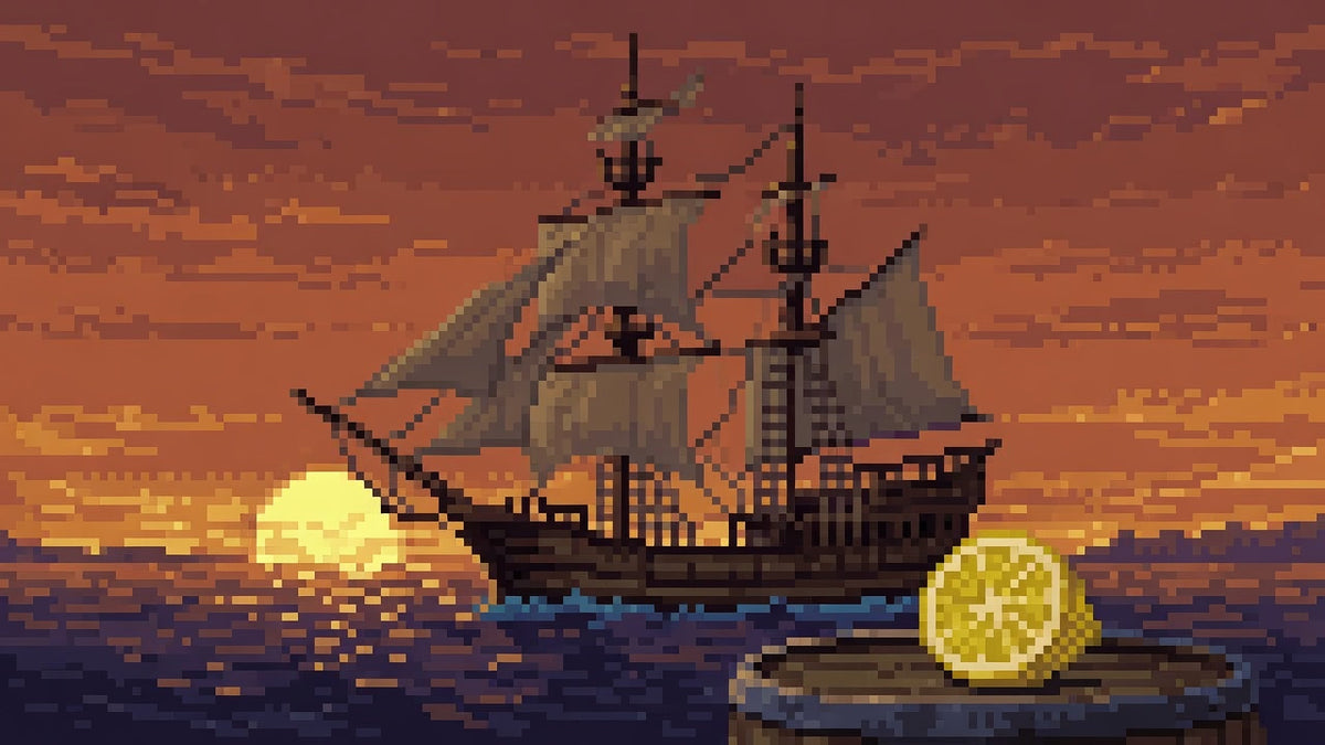 A sunset galleon on open water with a cut lemon on a weathered deck barrel.