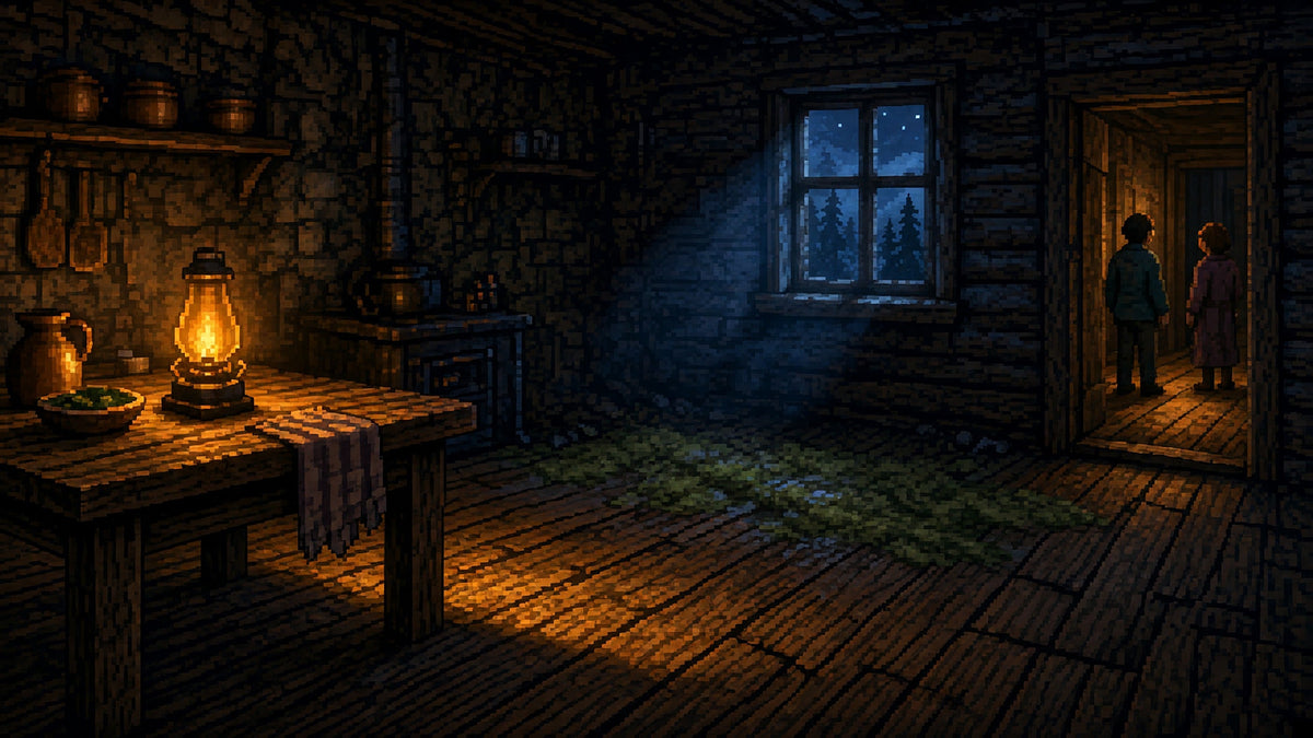 Lived-in cabin corner at night with damp green on the floor, warm lamp vs cool window, couple small midground equals.