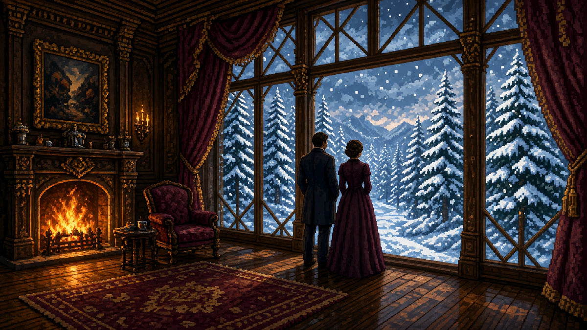 Gilded parlor with snowy pines at garden windows, fire warmth inside, man and woman equals at the glass.