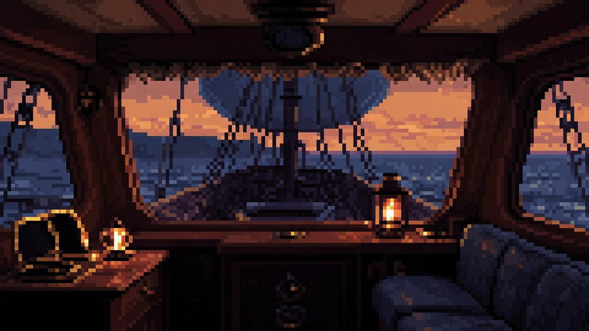 A warm lantern-lit captain’s cabin on a sailing ship at dusk with ocean through a porthole.
