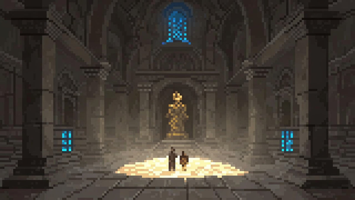 Temple chamber with soft cream-warm amber light on stone, couple small midground equals.