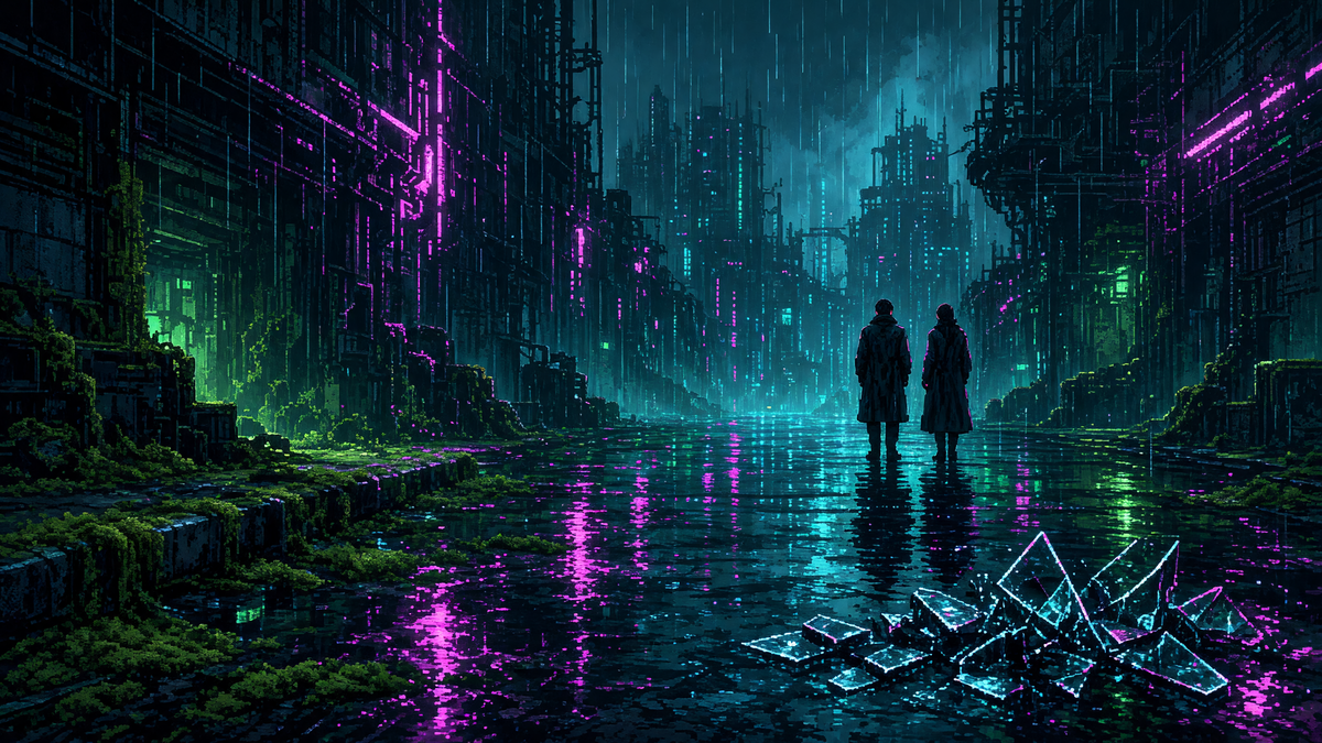 Two people on a wet night street with moss, neon, and rain.