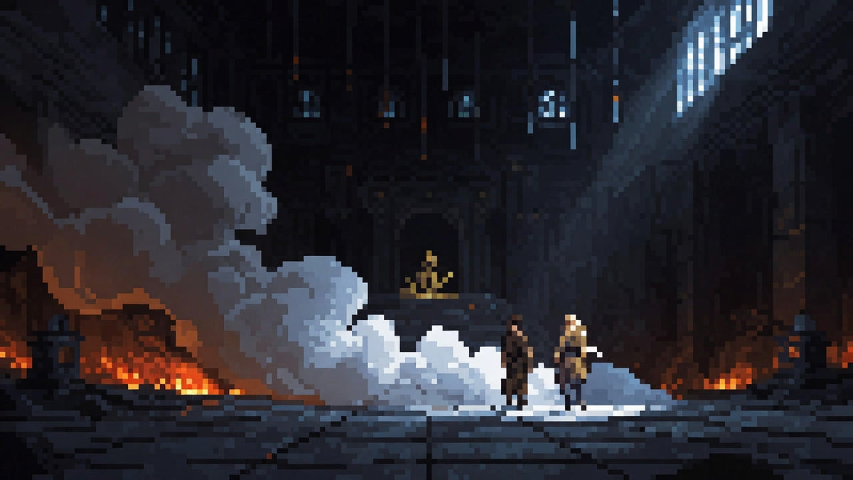Ancient temple chamber with hanging woodsmoke and a distant golden effigy, couple small midground equals.