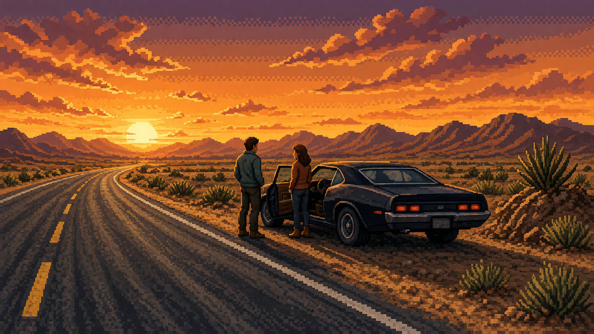 Man and woman by a vintage black muscle car on a desert highway shoulder at sunset.