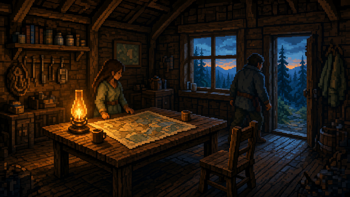 Man leaving a cabin doorway at dusk while a woman studies a map at the table.