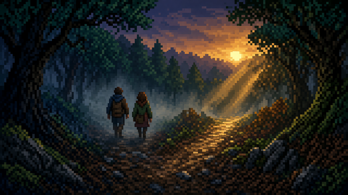 Man and woman walking a misty forest path at sunrise with god rays through the trees.