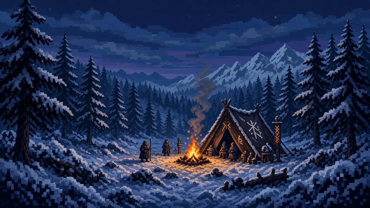 Snowy Scandinavian campfire and tent in an evergreen forest at night.