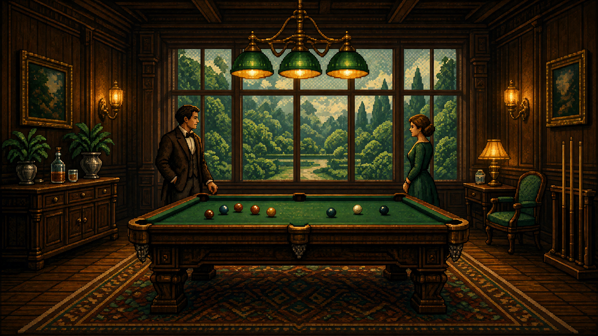 Man and woman in a lived-in billiards parlor with garden windows and warm lamps.