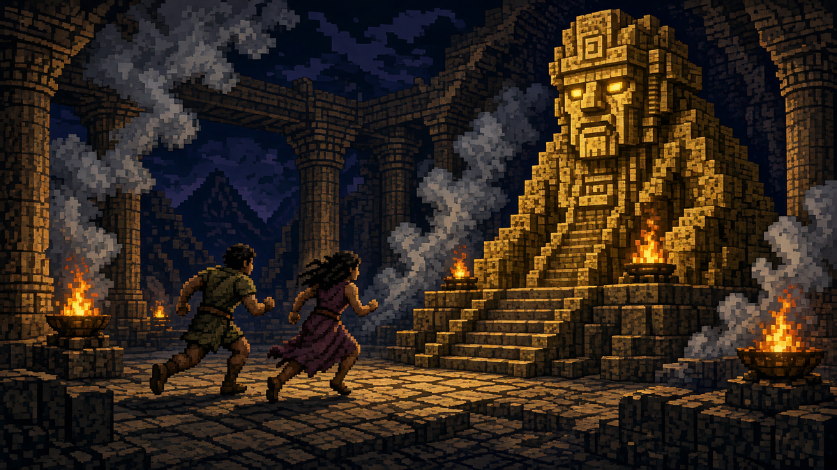 Man and woman running through a night temple toward a golden effigy and incense braziers.