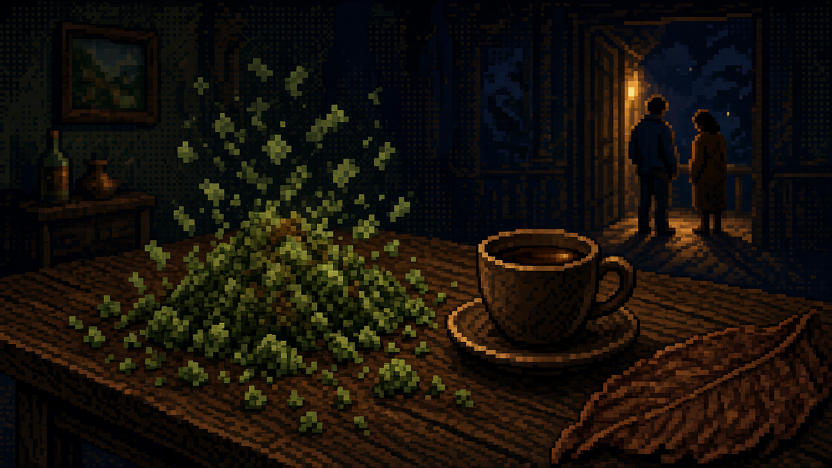 Green herbal resin on a dark wood table with coffee and a tobacco leaf, porch doorway in the background at night.