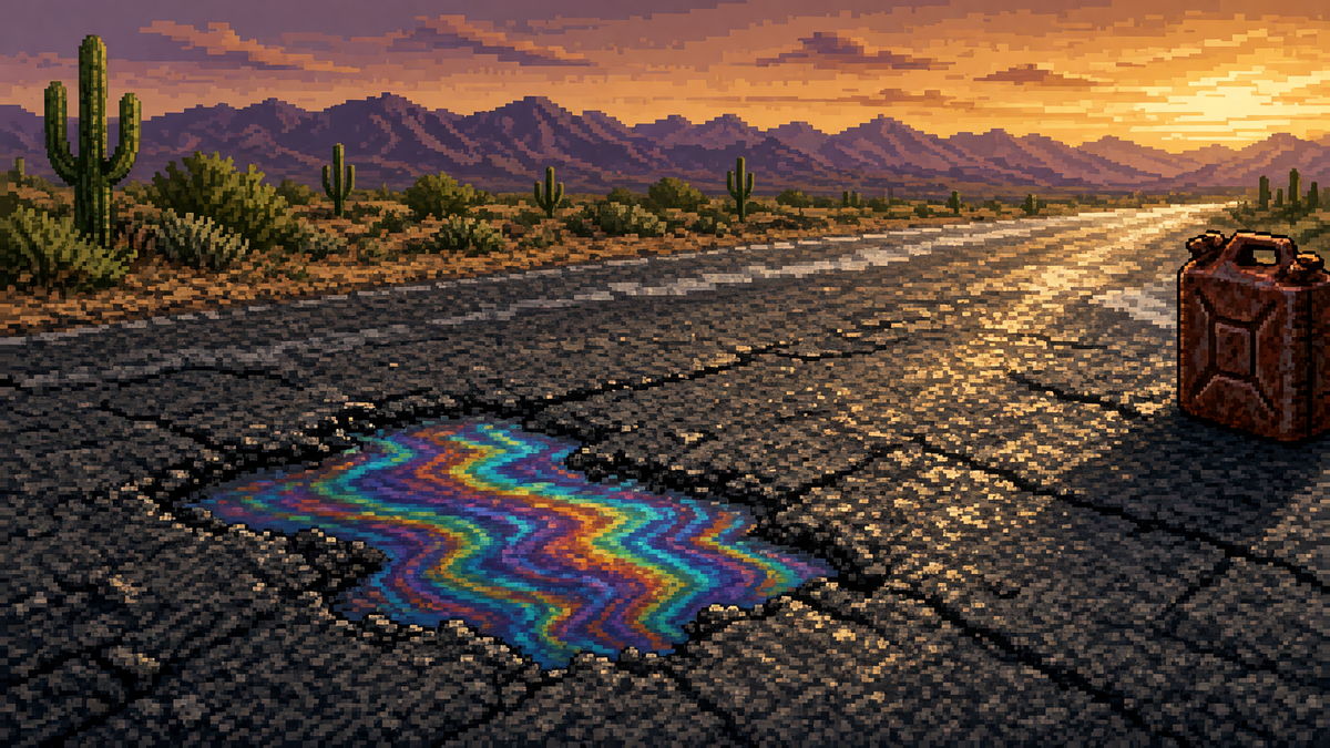 Cracked desert blacktop with a rainbow petrol puddle and rusty jerry can at sunset.