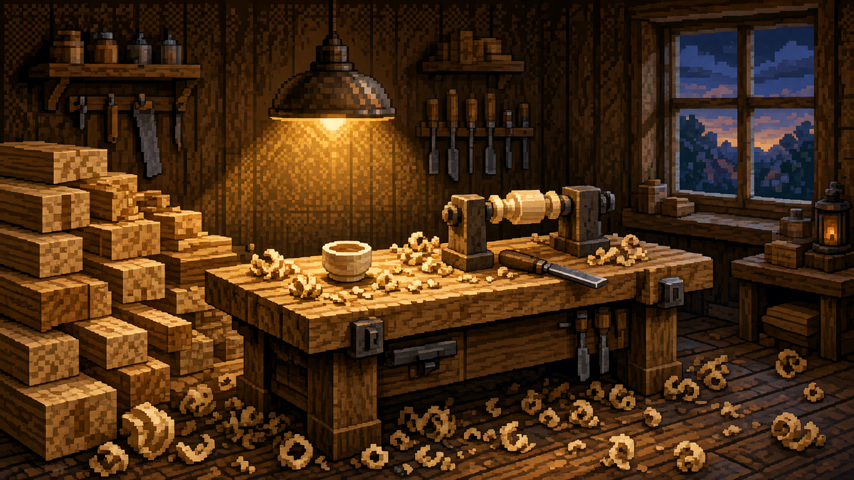 Woodturner lathe and creamy wood shavings on a workshop bench under a warm lamp at dusk.