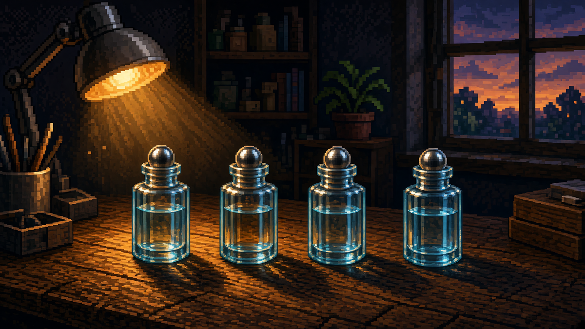 Four unlabeled glass roll-on bottles with steel ball tips on a workroom desk under a warm lamp.