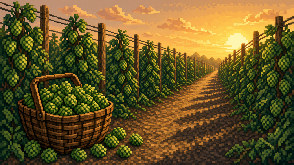 Golden-hour hop trellis rows with a harvest basket of green hop cones on a dirt path.
