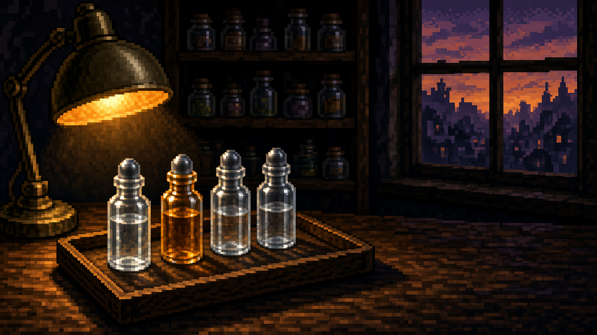 Evening perfume atelier desk with a tray of unlabeled glass roll-on bottles with steel ball tips under a warm lamp, dusk city window.