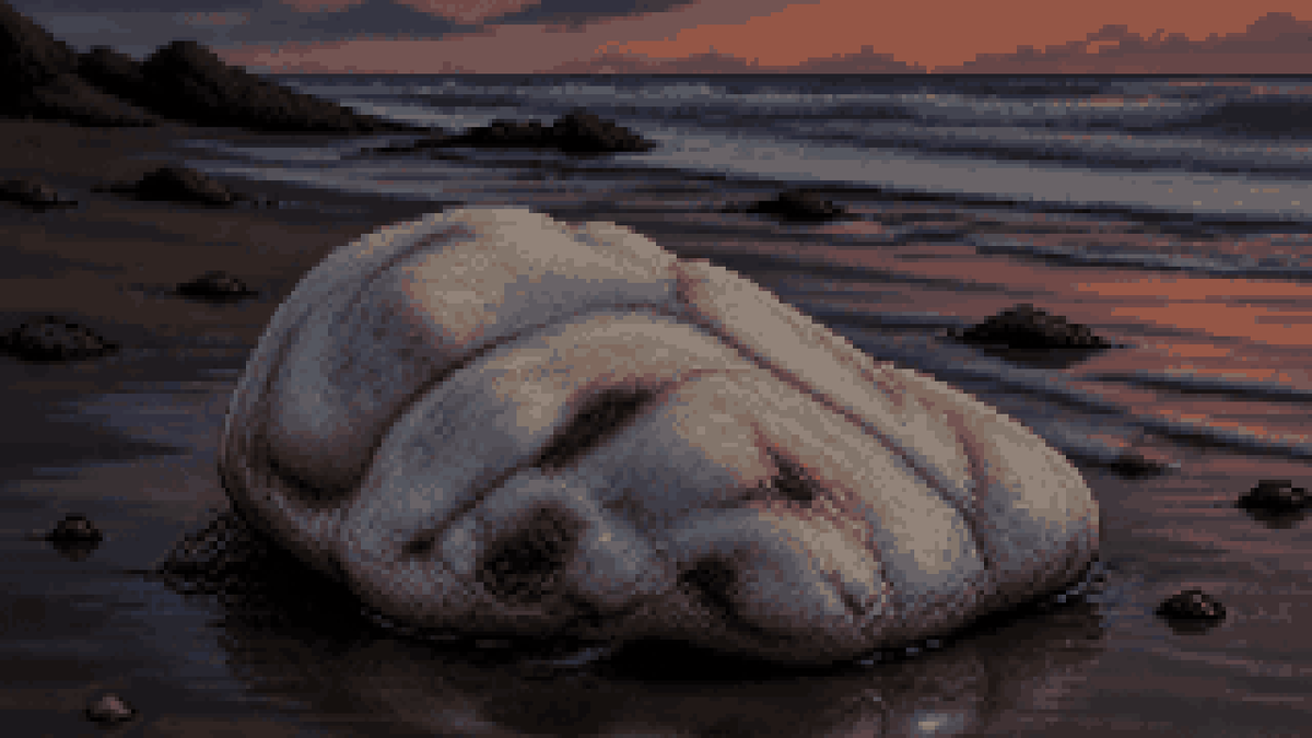 A weathered grey lump of ambergris on wet sand at dusk.