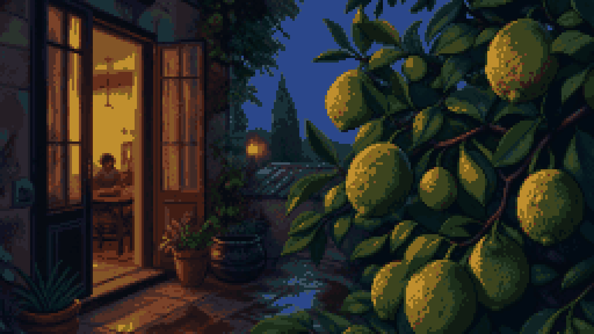 A bergamot tree heavy with fruit at an open doorway at dusk.
