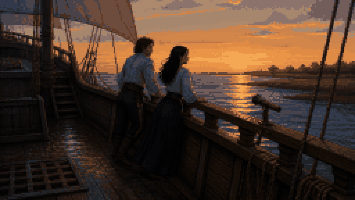 A sunset galleon on the water, a man and a woman at the rail.