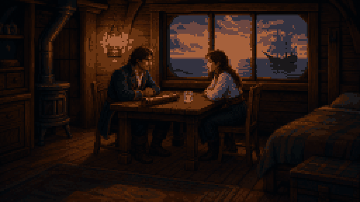 A man and a woman at a coastal cabin table, a galleon outside the window.
