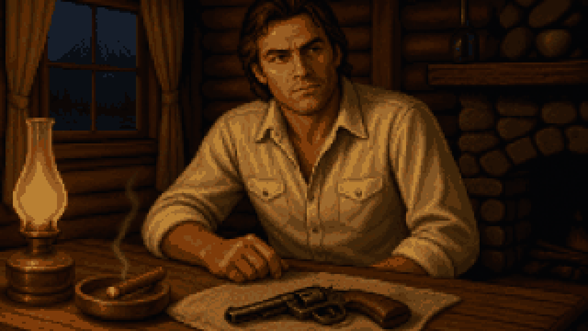A man in a pearl-snap shirt at a cabin table, a cigar in the ashtray.