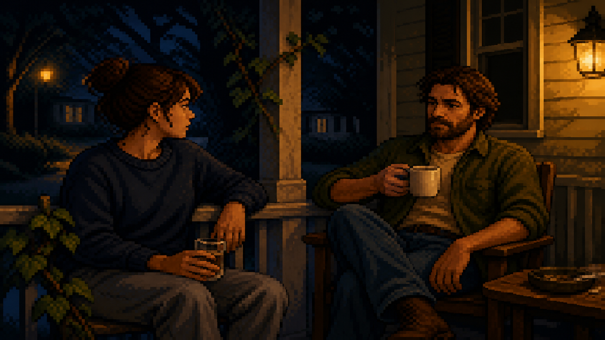 A man and a woman on a late-night porch under a warm lamp.