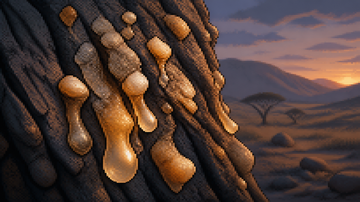 Pale golden frankincense resin on dark tree bark at dusk.