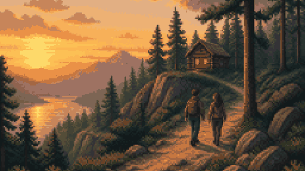 A man and a woman walking a late-day pine trail with a cabin in the trees.