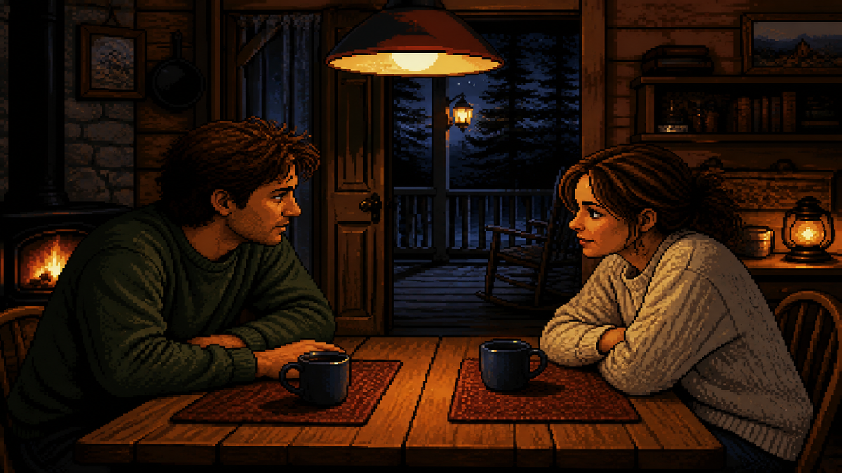 A man and a woman at a cabin table, night visible through an open door.