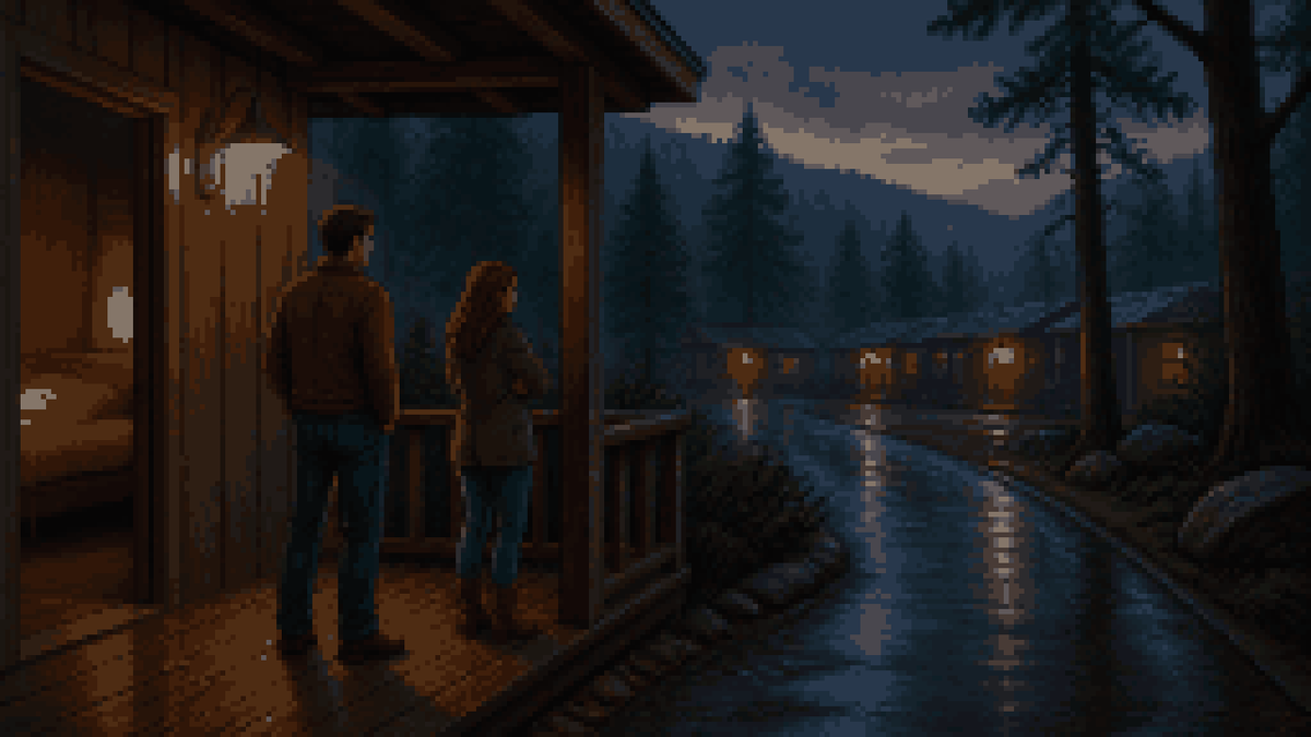 A man and a woman on a dusk porch looking out at a wet road.