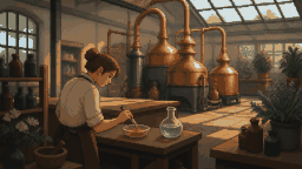 A person at a sunlit perfumery bench with oil and alcohol as materials.