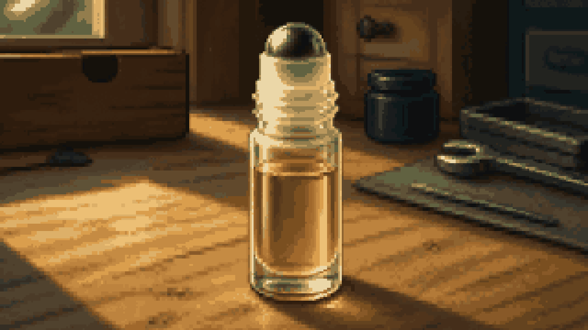 A glass roll-on bottle with a steel ball on a sunlit workbench.