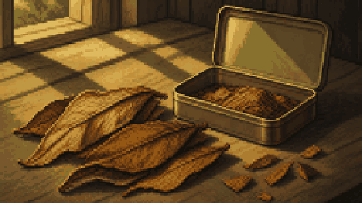Dried tobacco leaves and an open tin on a sunlit wooden table by a window.