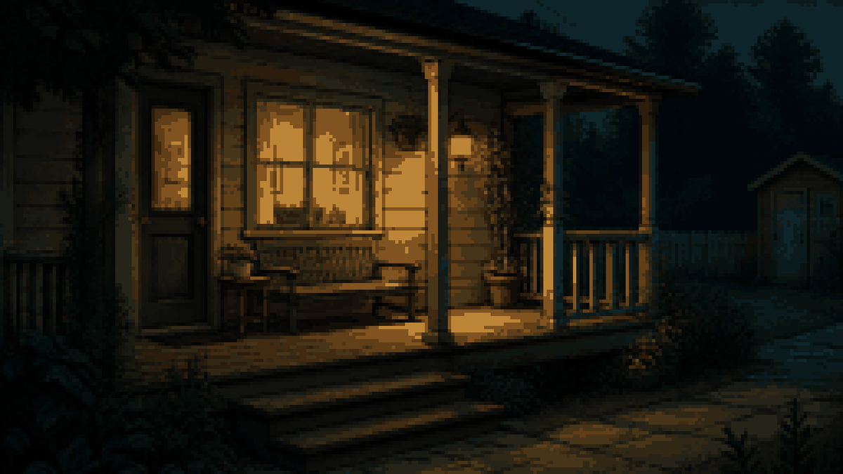 A lived-in porch at night, the room itself.