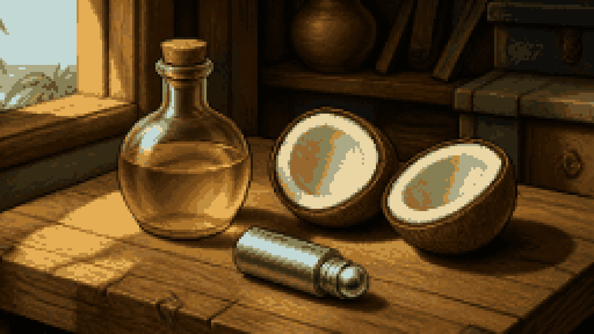 A split coconut, golden oil, and a steel roller on a sunlit workbench.