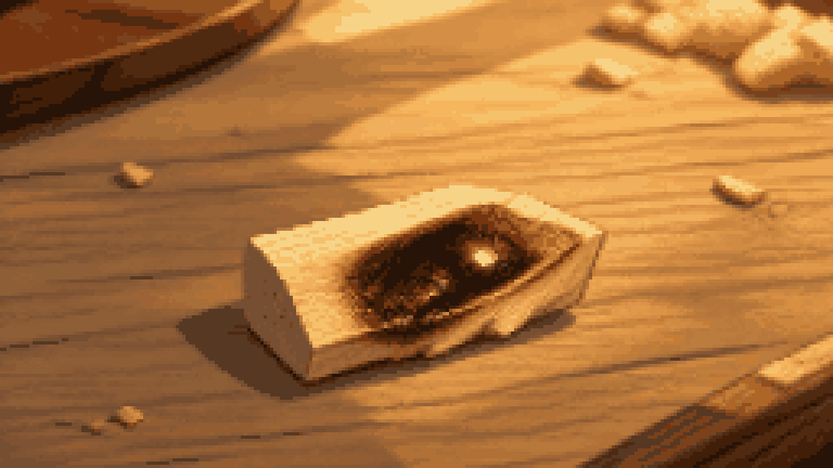 A small chip of pale wood with dark resin in the heart, on a sunlit workbench.