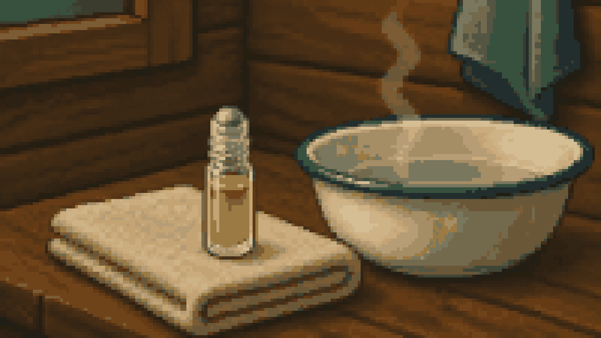 A glass roll-on with a steel ball on a towel at a cabin washstand.