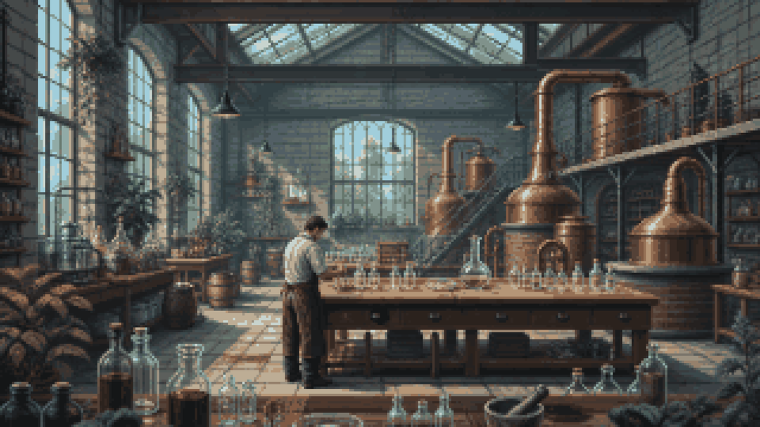 A person compounding fragrance at a sunlit industrial perfumery bench.