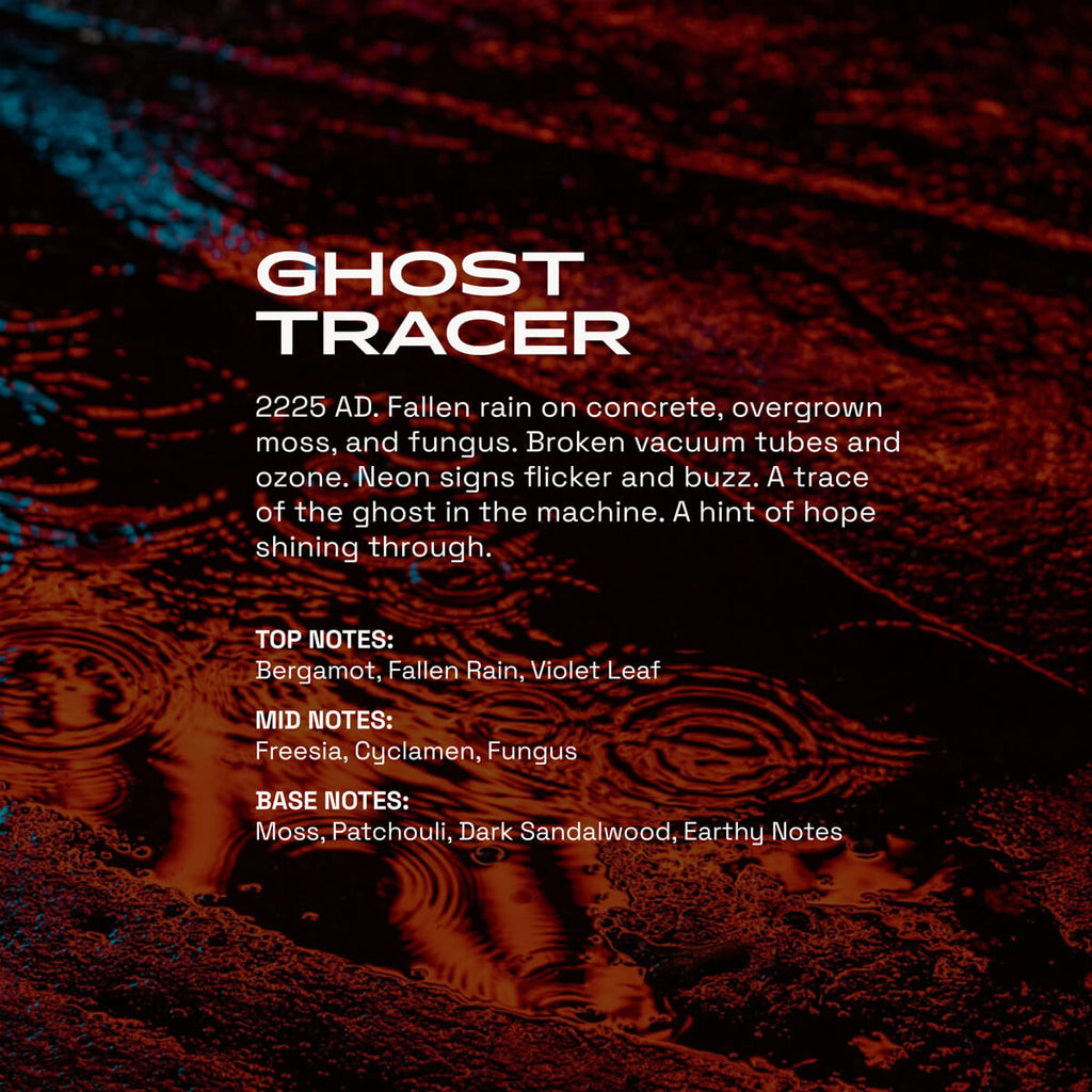 Ghost Tracer fragrance graphic showing rain ripples in a dark puddle with red and blue neon reflections. Text describes the scent as a futuristic, earthy blend with notes of bergamot, fallen rain, violet leaf, freesia, cyclamen, fungus, moss, patchouli, dark sandalwood, and earthy notes.