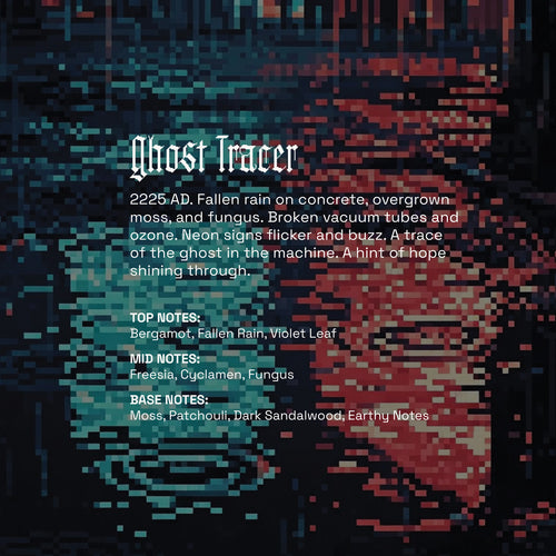 Ghost Tracer fragrance pixelated graphic showing rain ripples in a dark puddle with red and blue neon reflections. Text describes the scent as a futuristic, earthy blend with notes of bergamot, fallen rain, violet leaf, freesia, cyclamen, fungus, moss, patchouli, dark sandalwood, and earthy notes.