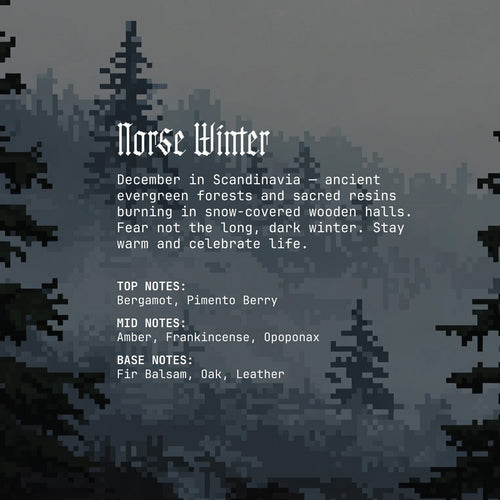Norse Winter fragrance pixelated graphic showing a misty evergreen forest in cool blue-gray tones. Text describes the scent as a cold, resinous winter blend with notes of bergamot, pimento berry, amber, frankincense, opoponax, fir balsam, oak, and leather.