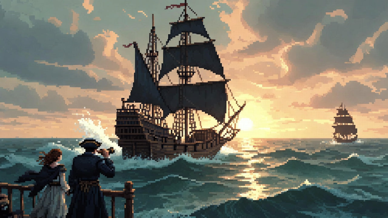 Pixel art of pirate ships sailing through rough ocean water at sunset, watched from a coastal dock.