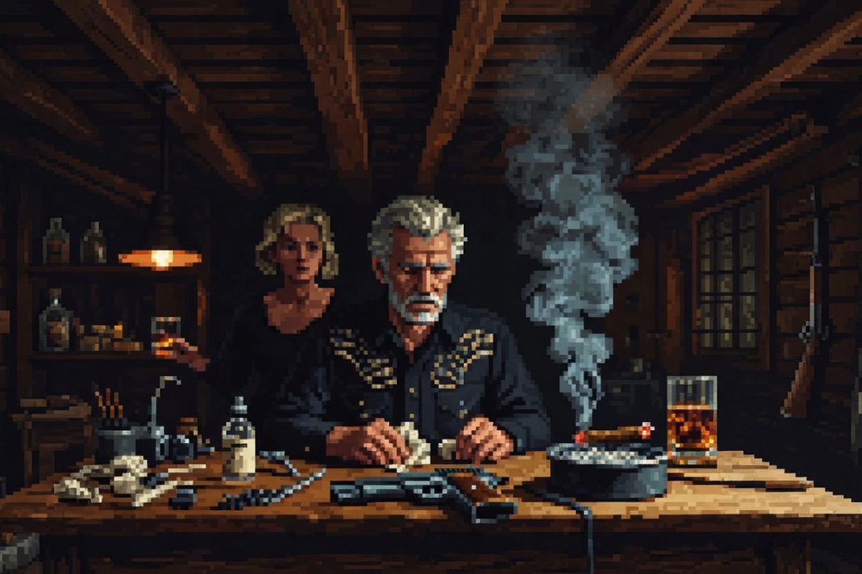 Pixel art of an older man at a smoky wooden workbench with whiskey, leather, and western details.