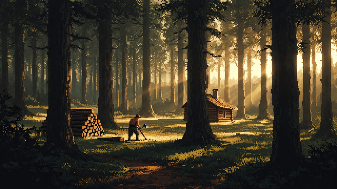 Woodland scene with a person and wooden structures, bathed in soft light filtering through trees.