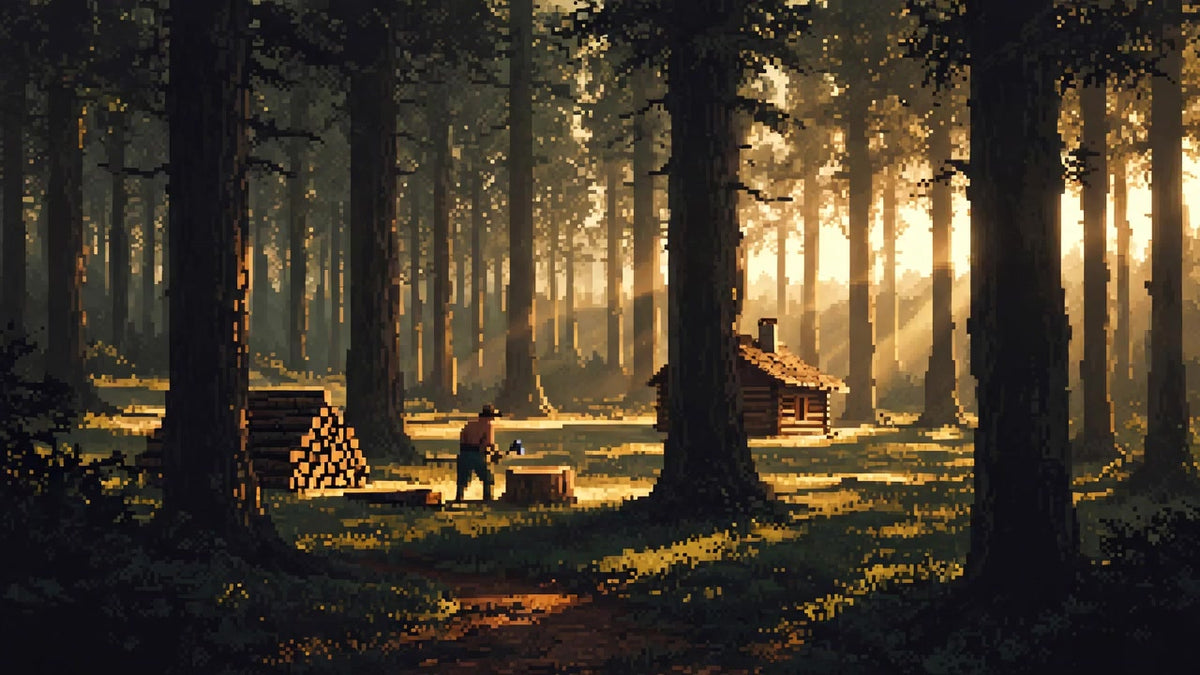 Woodland scene with a person and wooden structures, bathed in soft light filtering through trees.