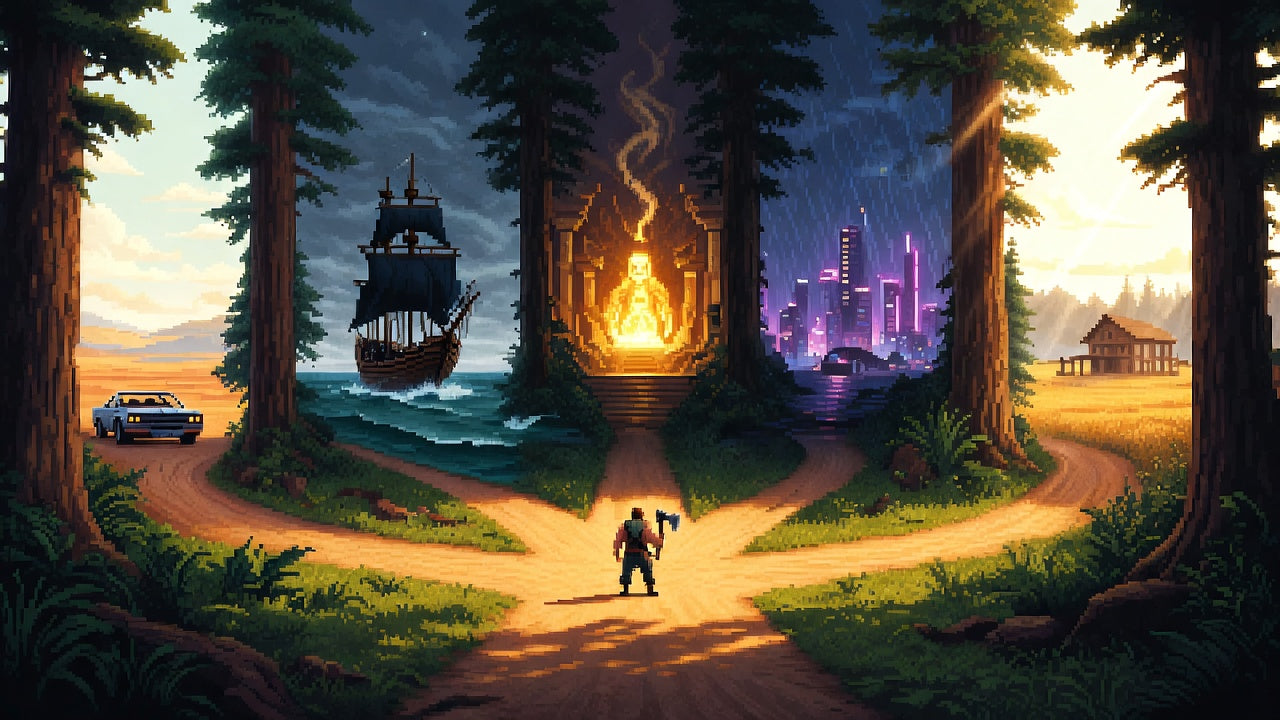 Pixel art of a forest path split between Bandholz fragrance worlds, including ocean, fire, city, and countryside scenes.