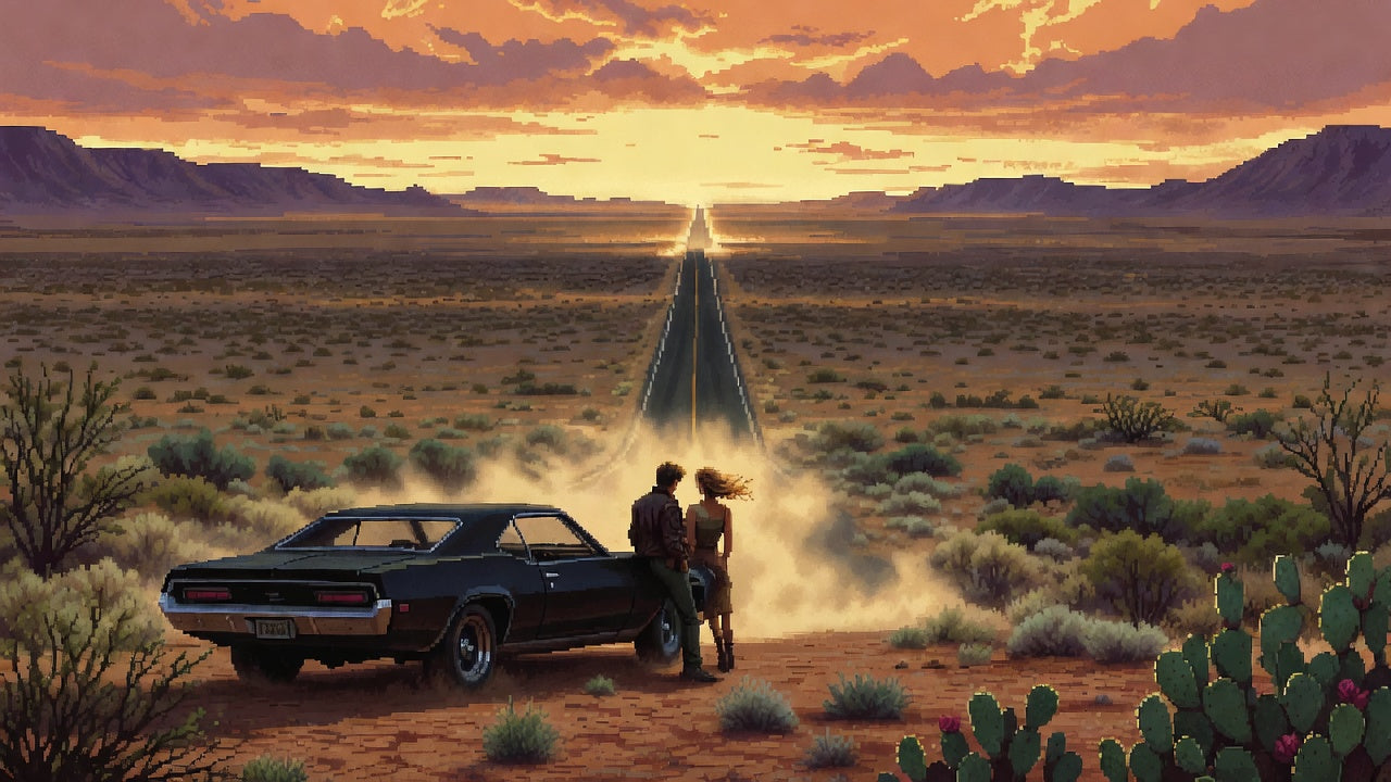 Pixel art of a classic car parked beside a long desert highway at sunset with mountains in the distance.