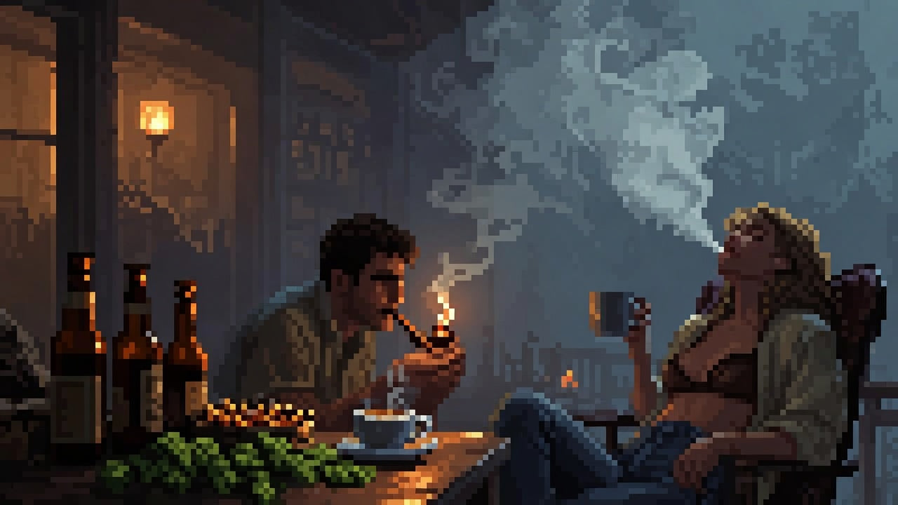 Pixel art of two people smoking and drinking in a dim room with bottles, smoke, and warm lamp light.