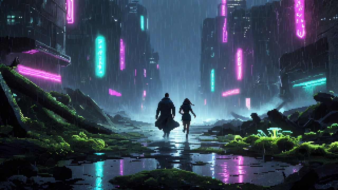 Pixel art of two figures walking through a rainy neon city with glowing signs and wet streets.