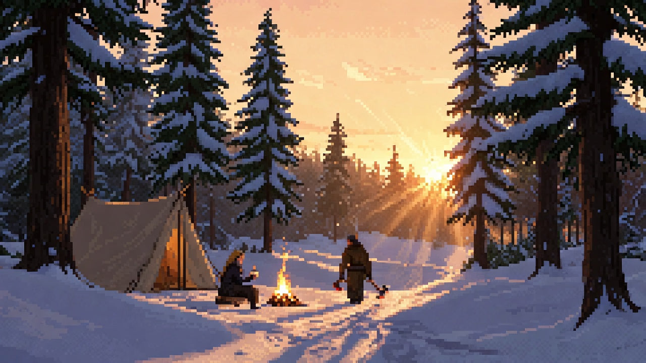 Pixel art of a snowy forest campsite at sunrise with a tent, campfire, and tall evergreen trees.