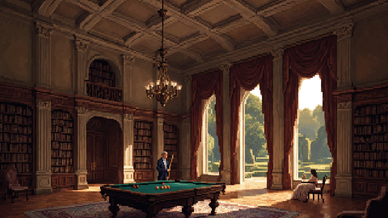Pixel art of a grand library room with a billiards table, chandelier, tall windows, and red drapes.
